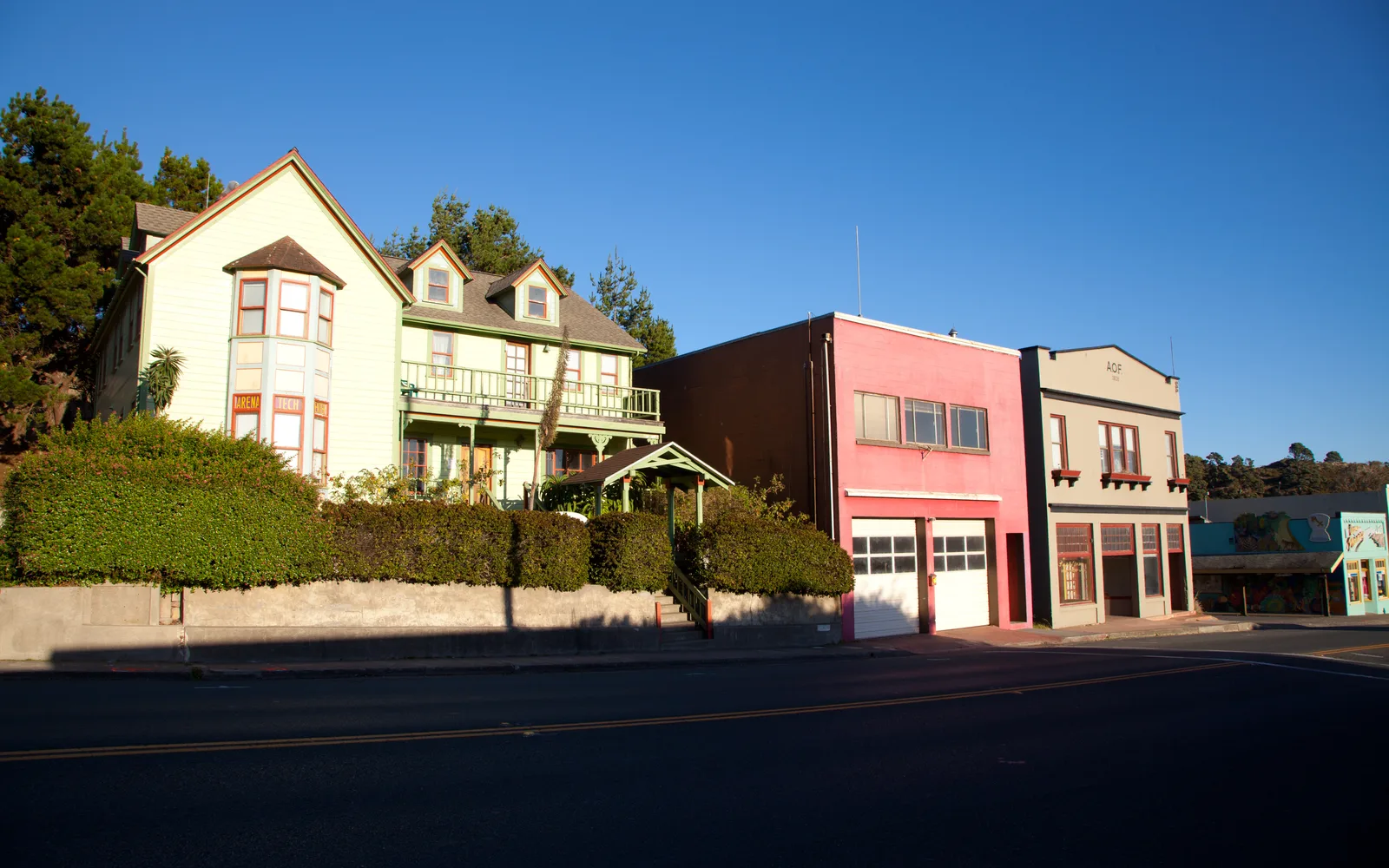 A historic main street downtown area with storefronts and buildings